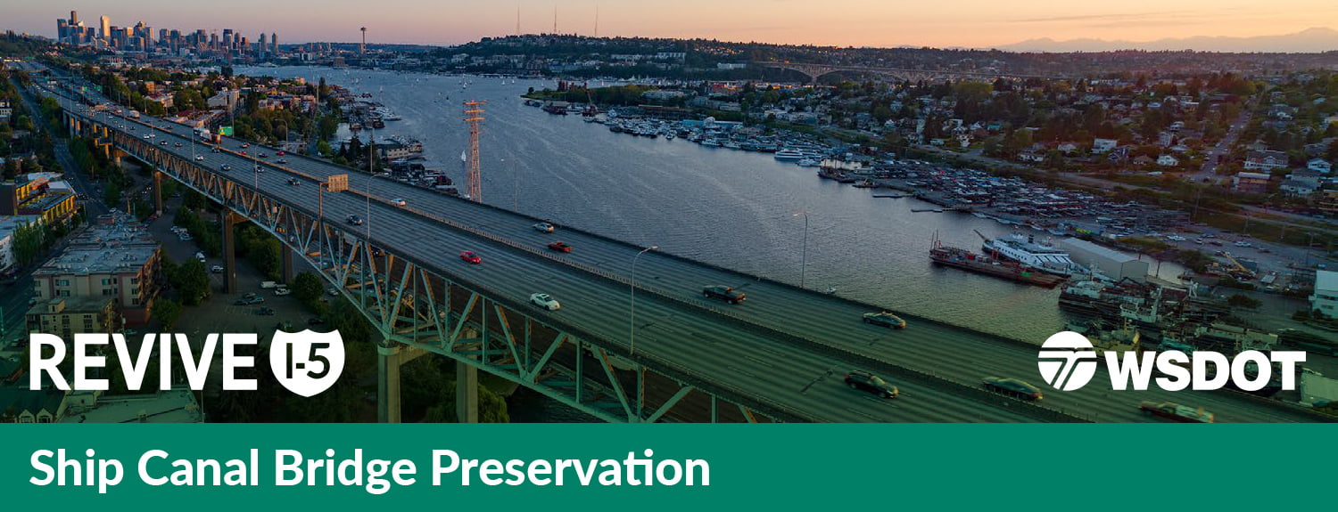 A photo of the Ship Canal Bridge at sunset in Seattle The logos for the REVIVE I-5 project and WSDOT appear on the photo.