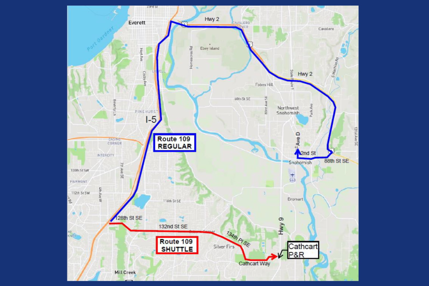 A map of a Route 109 showing a a reroute4 and shuttle service during Hwy 9 closure Friday April 17 - Sunday April 19
