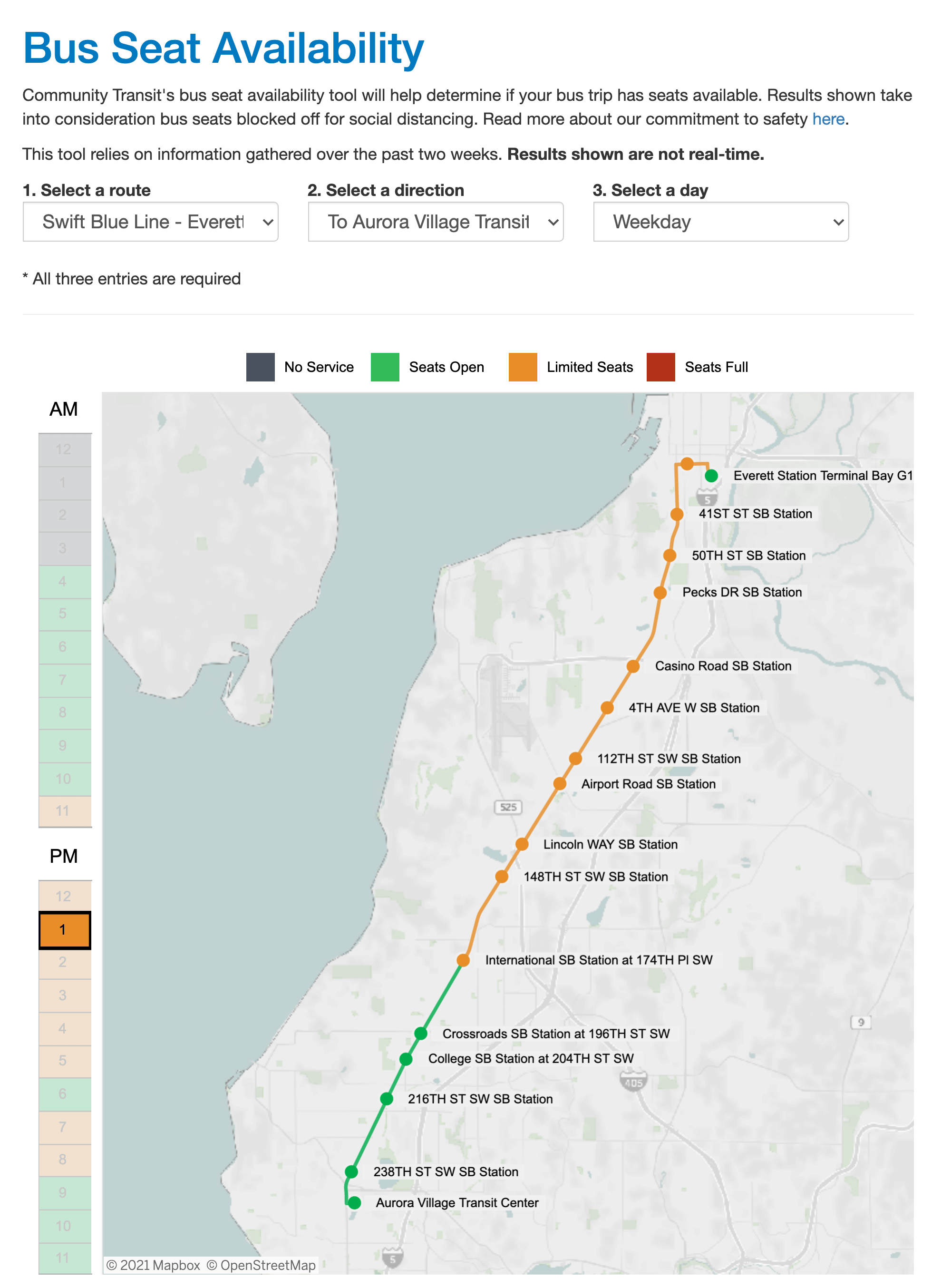 Screenshot of Bus Seat Availability Tool showing Swift Bus at 1 p.m.