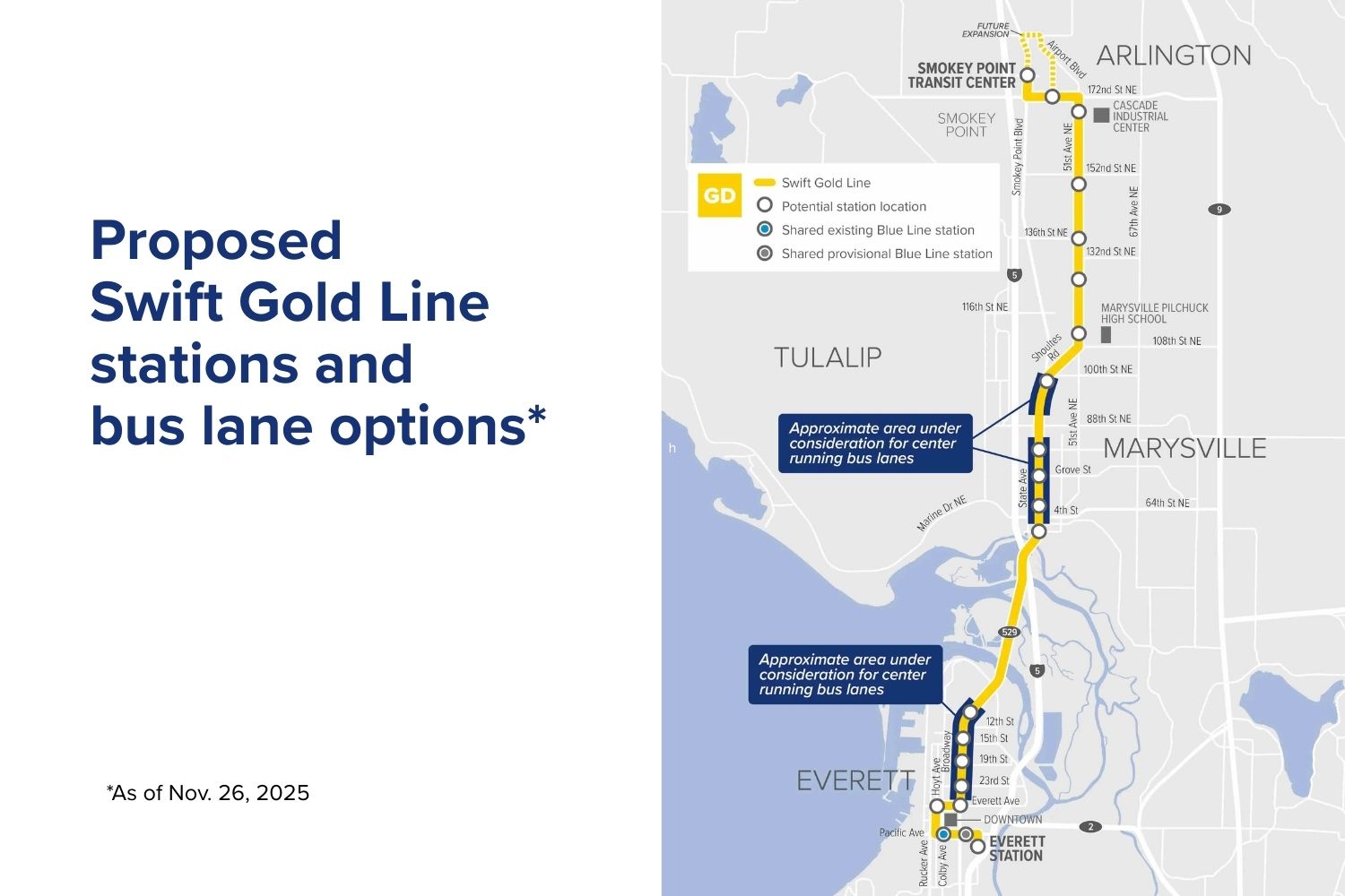 Swift Gold Line map showing proposed stations and bus lane options Swift Gold Line map showing proposed stations and bus lane options