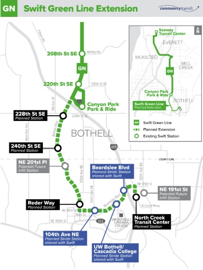 Swift Green Line Extension Update Map Map of the planned Swift Green Line Extension in Bothell. The extension continues south from Canyon Park Park & Ride and includes planned stations at 228th St. SE, 240th St. SE, Reder Way, and the future North Creek Transit Center.