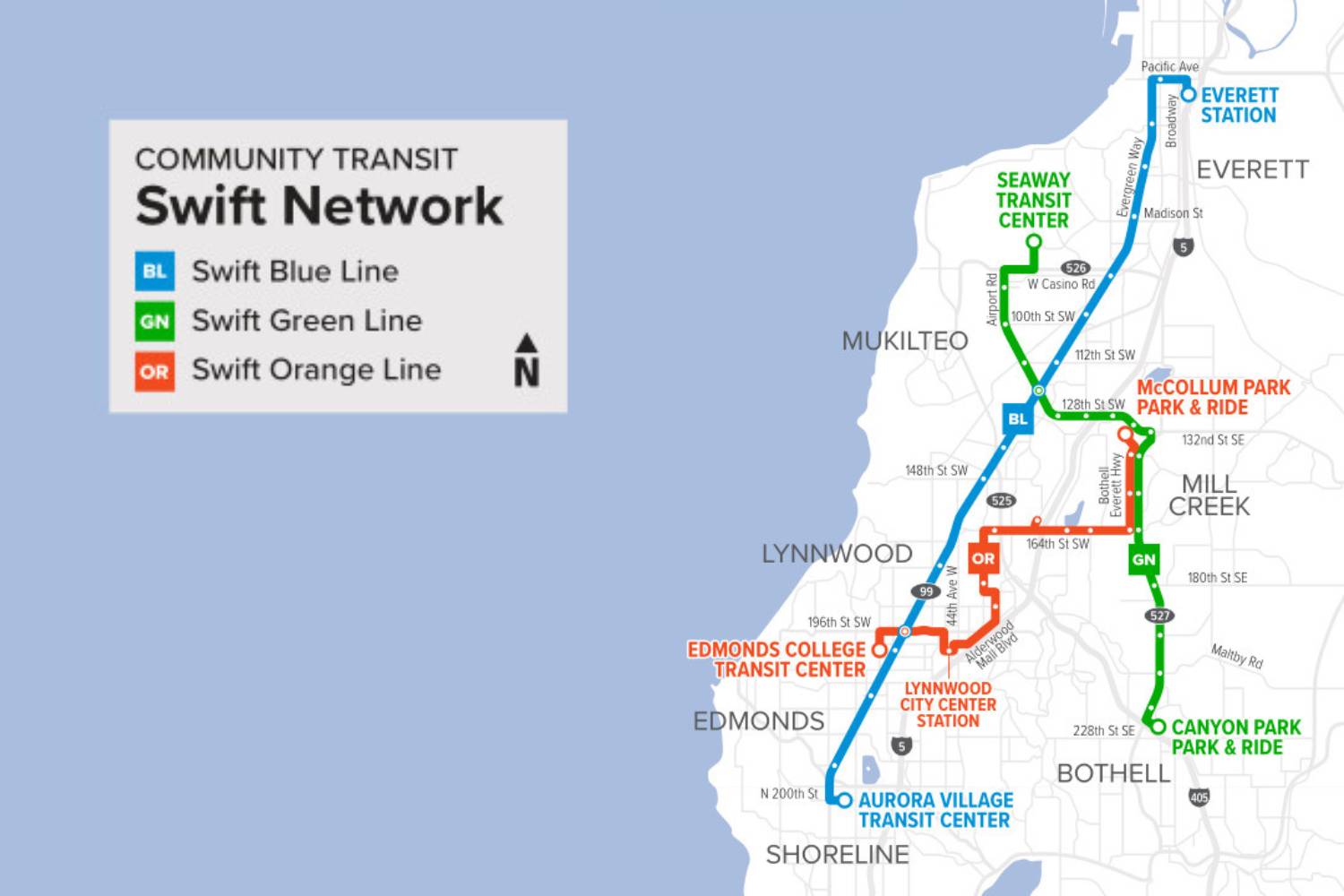 A map showing Community Transit's Swift Network of Swift Blue, Green and Orange lines.