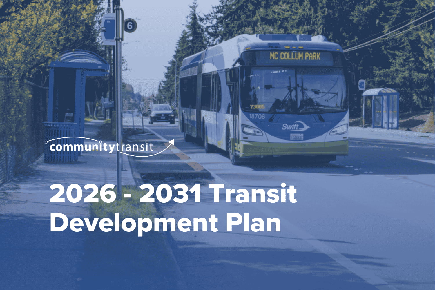 The cover of the approved 2026-2031 Transit Development Plan shows a Swift bus on its way to McCollum Park Park and Ride.