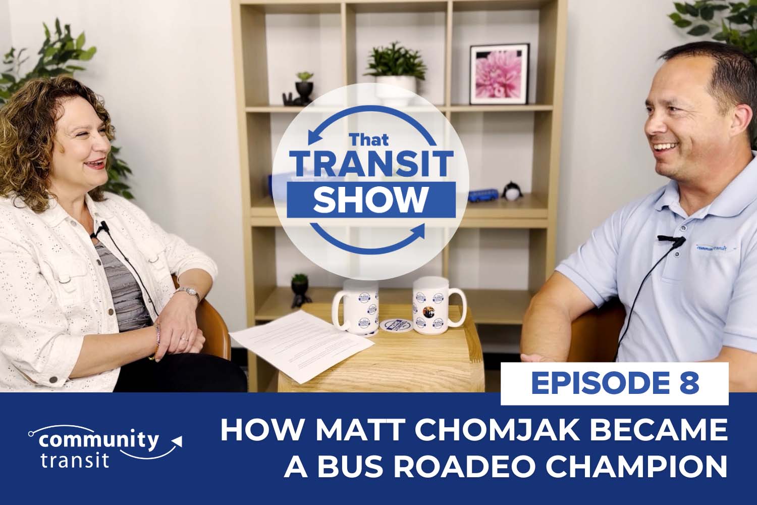 A photo of Monica Spain interviewing Matt Chomjak at the That Transit Show studio at Community Transit.