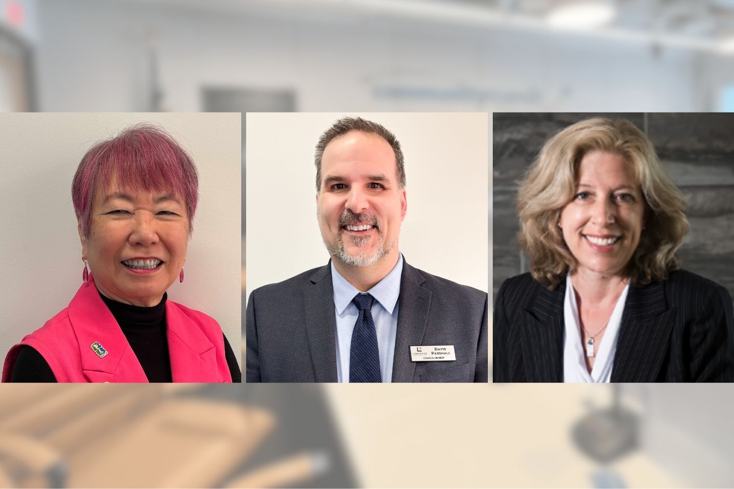 Headshots from left to right: Mountlake Terrace City Council Member Kyoko Matsumoto Wright, Edmonds City Council Member Susan Paine, and Lynnwood City Council Member David Parshall