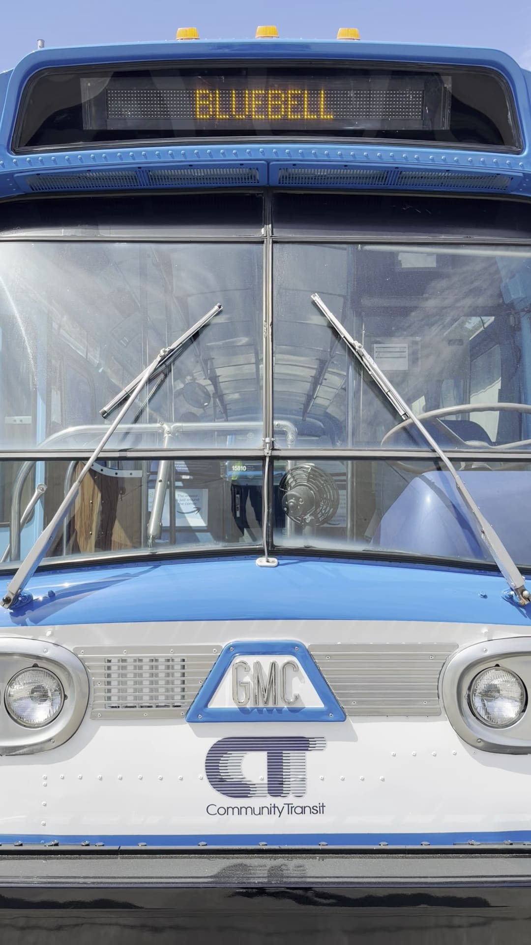 The front of Community Transit's original GMC 1959 New Look bus and mobile museum. It's name