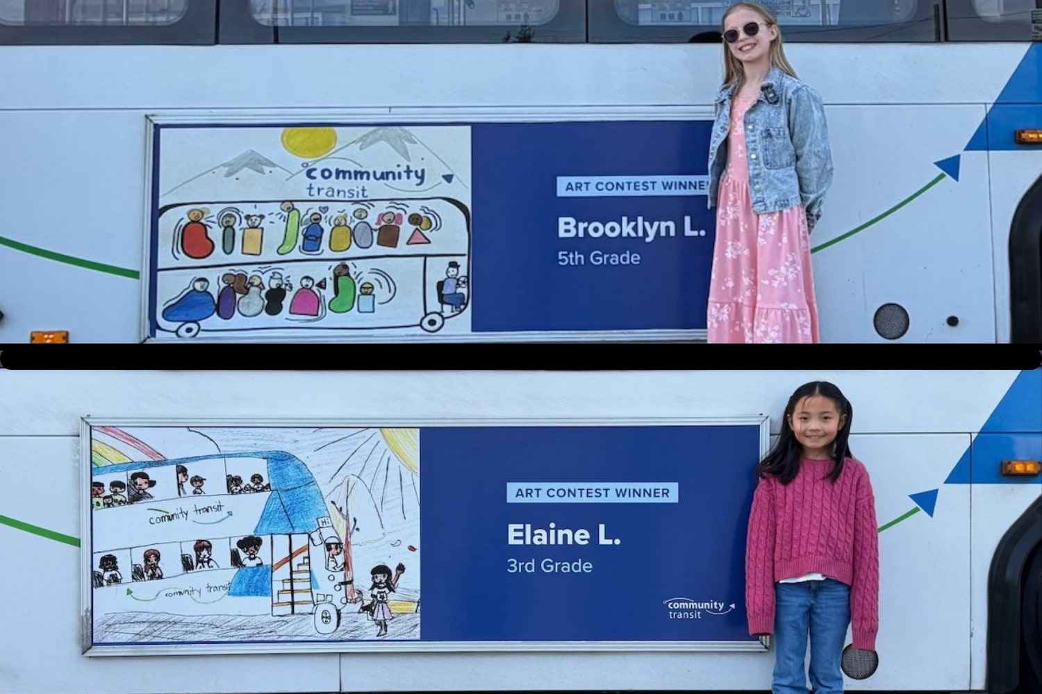 Two elementary school students each stand next to their 1st place artwork, installed on the side of a Community Transit bus.