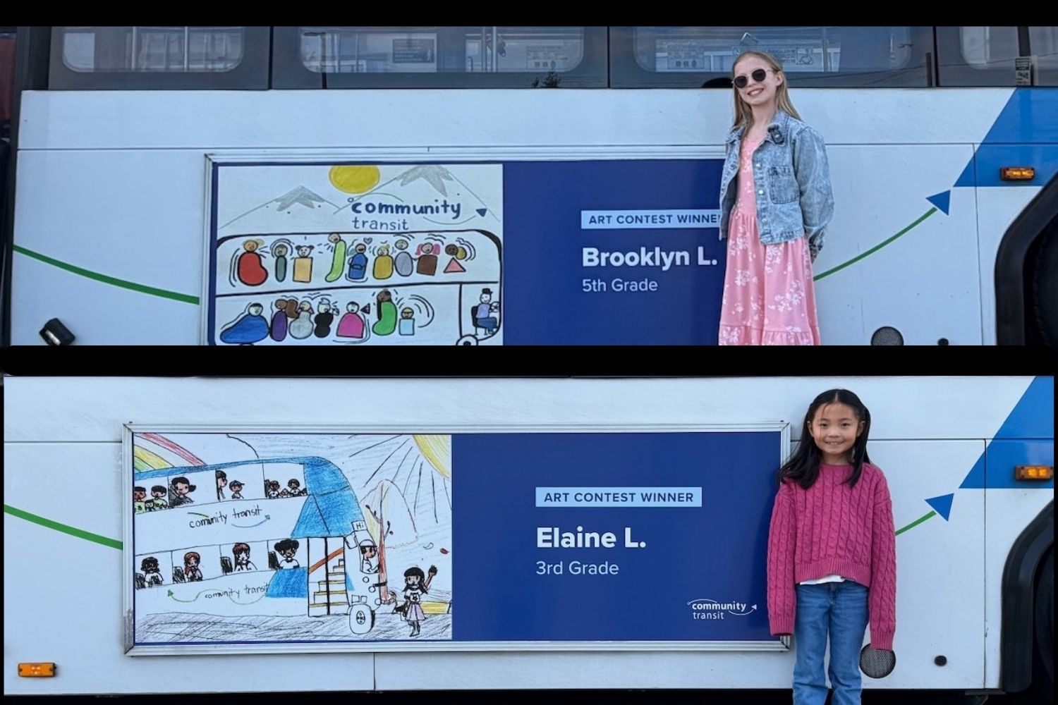 Two elementary school students each stand next to their 1st place artwork, installed on the side of a Community Transit bus.