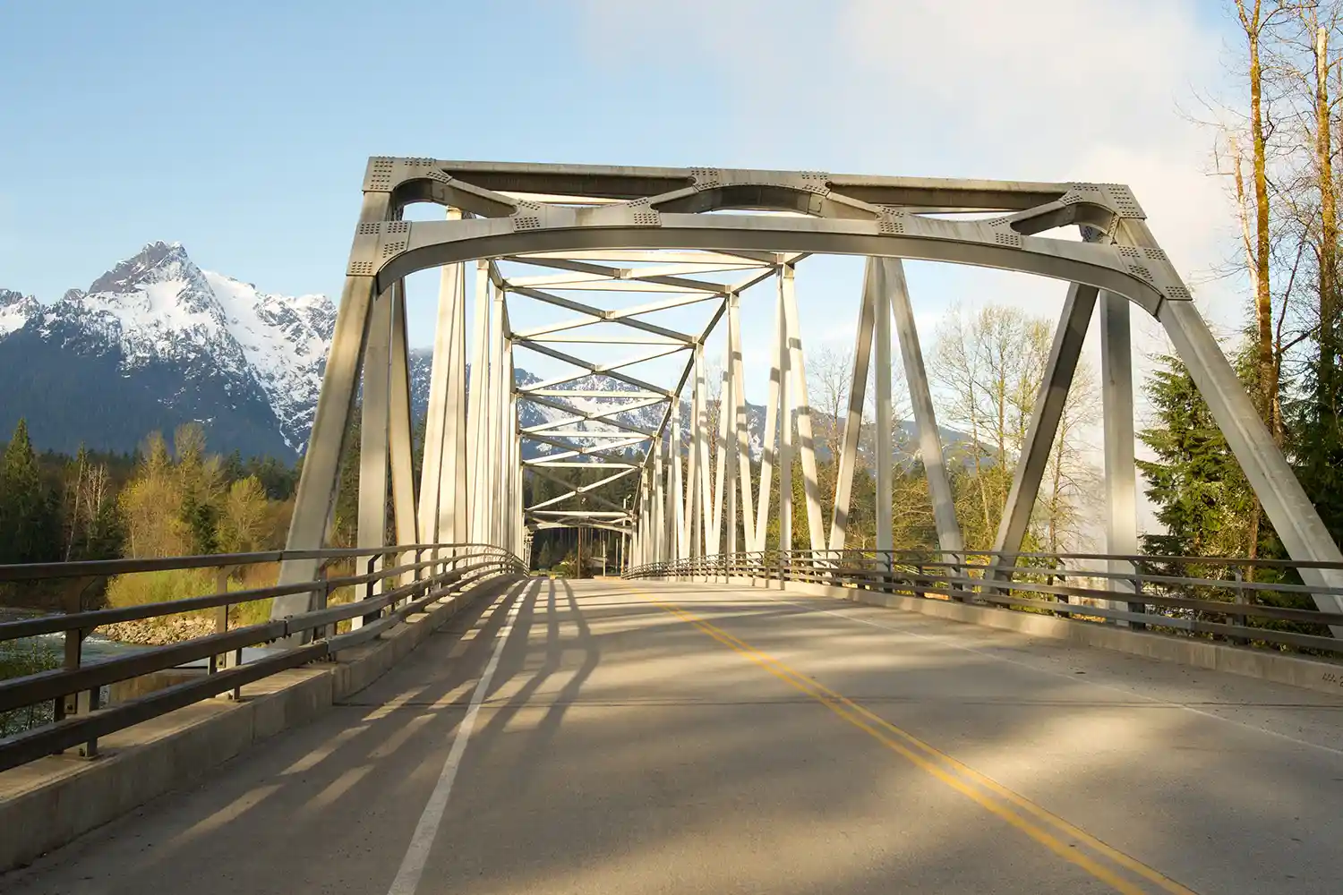 a road bridge in Darrington with Whitehorse in the background