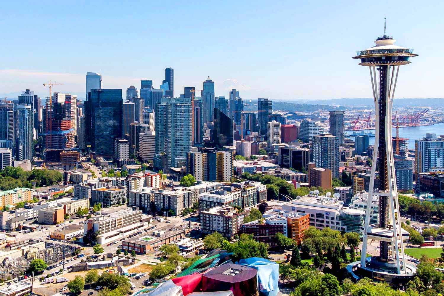 an aerial photo facing downtown Seattle with the Space Needle in the foreground