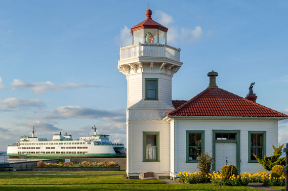 An image of the Mukilteo lighthouse with a ferry in the background
