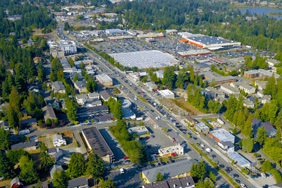 A bird's eye view looking down the city of Shoreline, WA