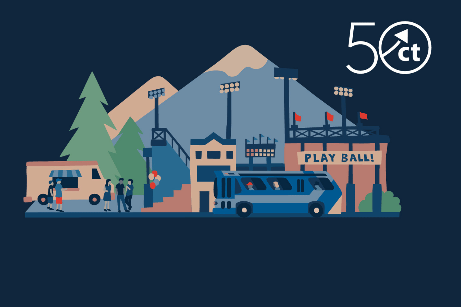 Illustration of a Community Transit bus outside an AquaSox baseball stadium, with fans, food stands, evergreen trees, mountains, and the CT 50th anniversary logo.