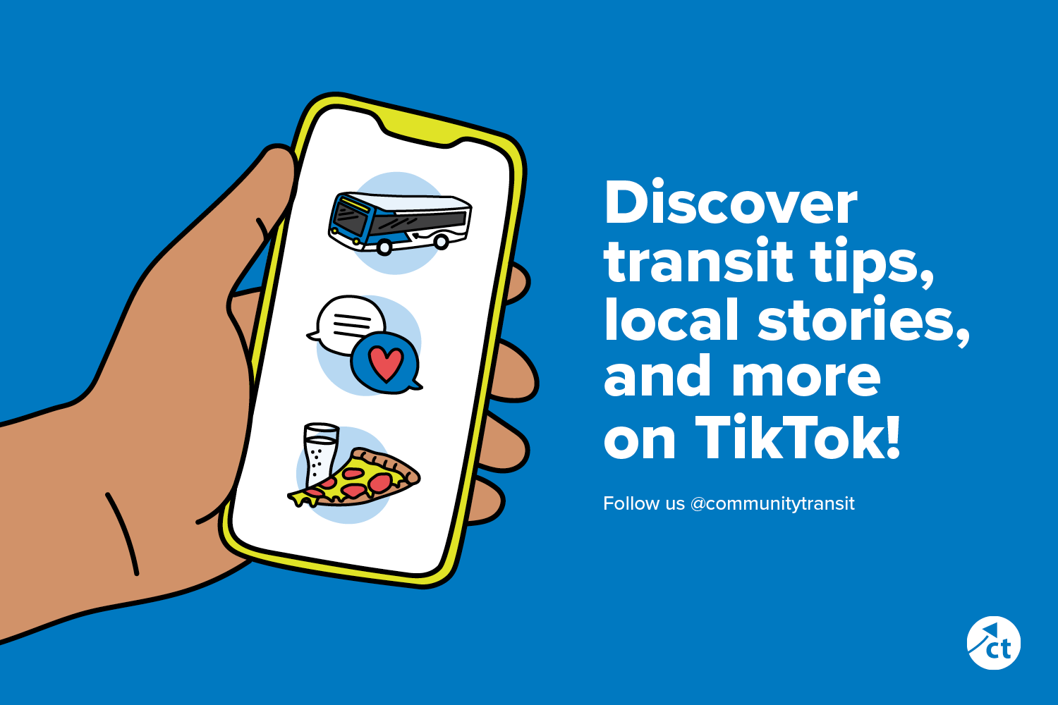 An illustration of a hand holding a mobile device. Text on the image says "Discover transit tips, local stories and more on TikTok!