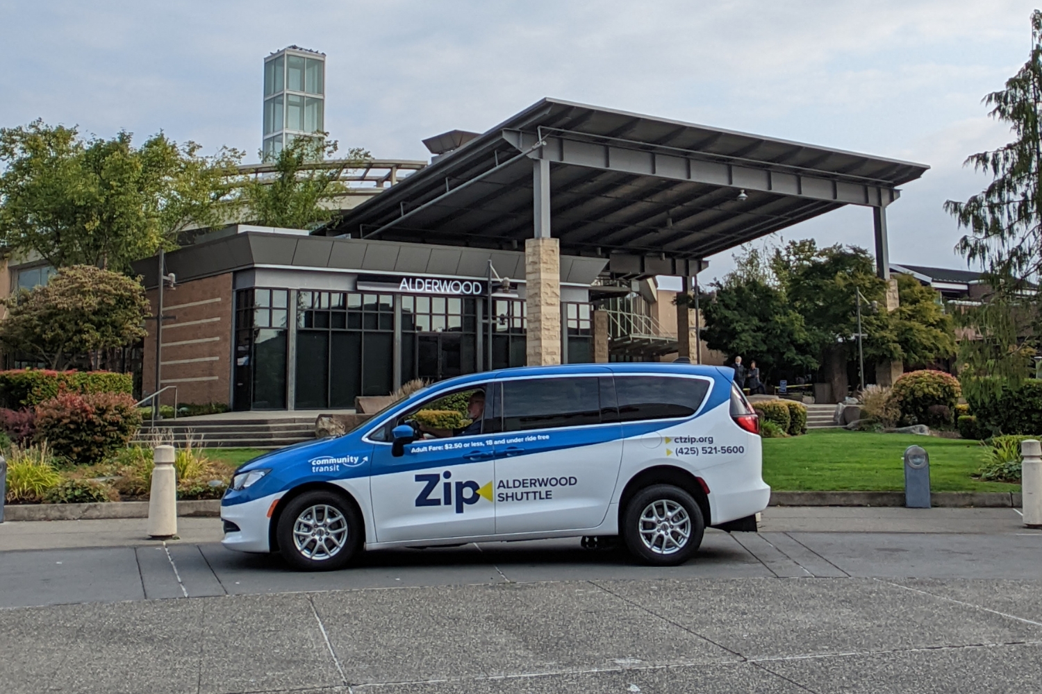 A Zip Shuttle parked at Alderwood Mall