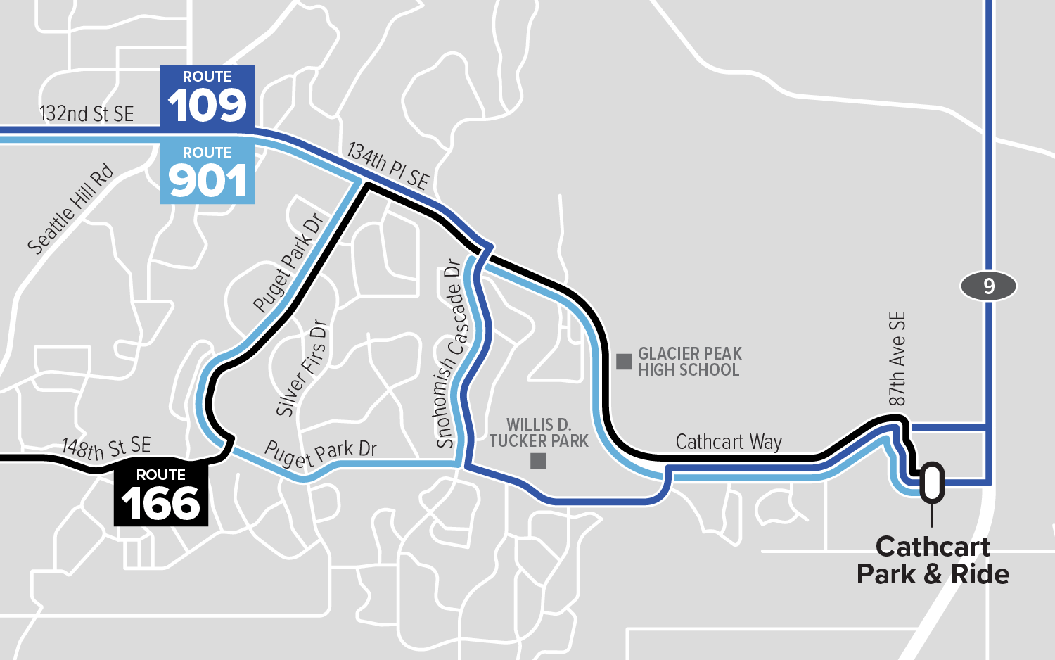 cathcart-area-map a map showing the location of Cathcart park and ride and where routes 109, 166, and 901 meet it