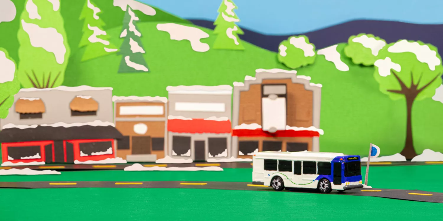 A Community Transit bus traveling through a wintery Snohomish County scene.