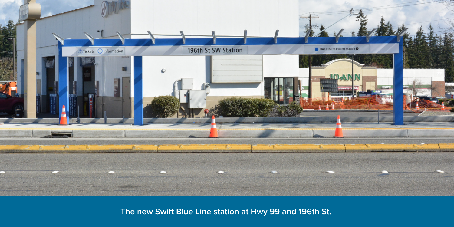 A picture taken in April 2023 of the 196th St SW Station for the Swift Blue Line, currently under construction.