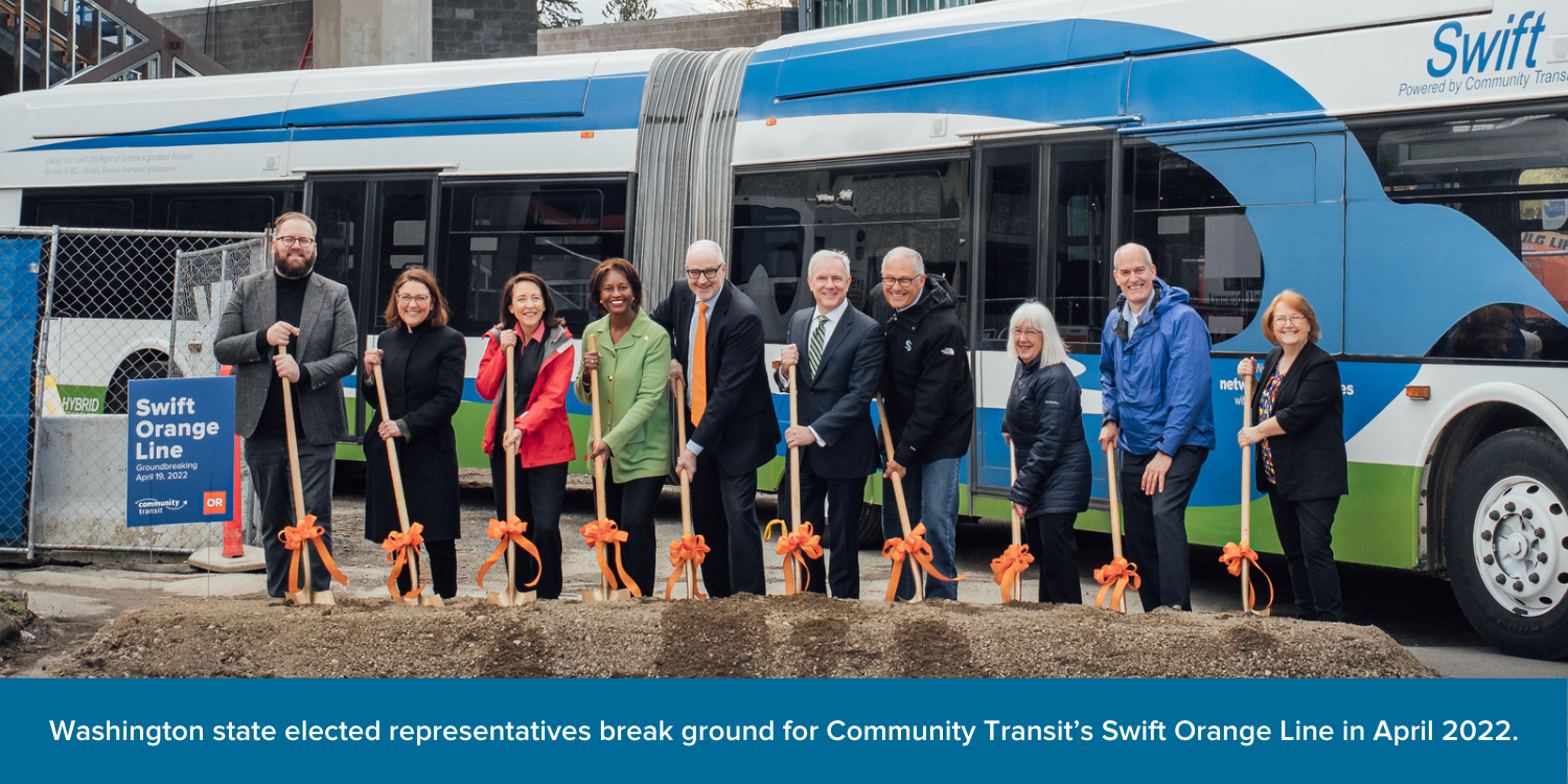 Washington state elected representatives break ground for Community Transit’s Swift Orange Line in April 2022