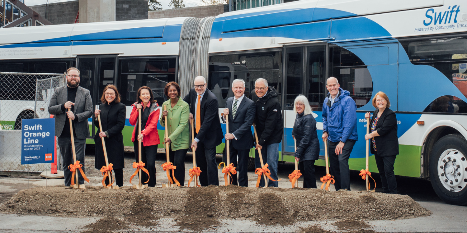 Washington state elected officials wield shovels at the Community Transit Swift Orange Line groundbreaking on April 19, 2022.