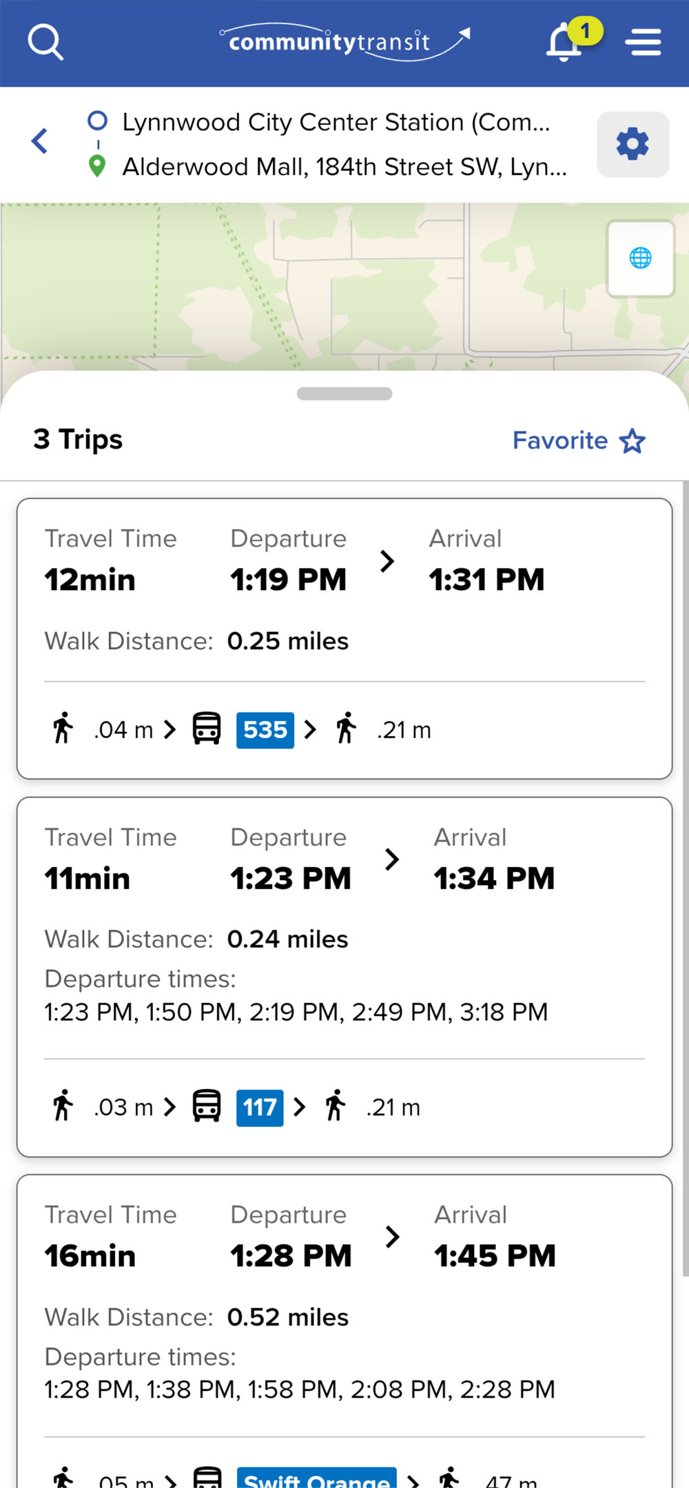 a list of trip results displayed in Plan My Trip