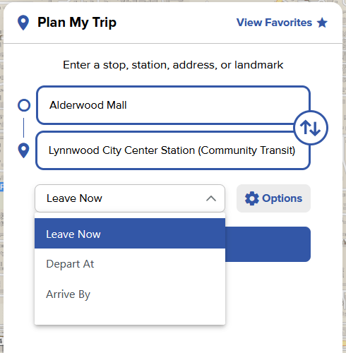 an example screenshot showing the drop down menu where a specific departure or arrival time can be set when trip planning