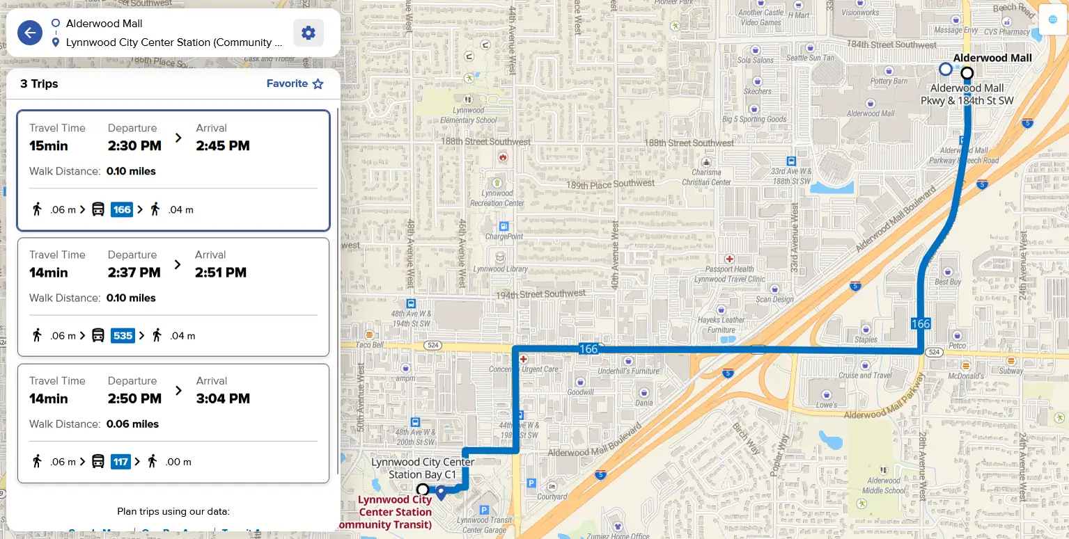 an example screenshot of a list of available trips from a search. hovering over a trip will show the route on the map