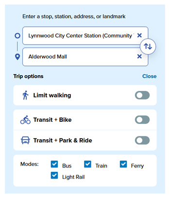 pmt-trip-options Different trip options in the Plan My Trip tool