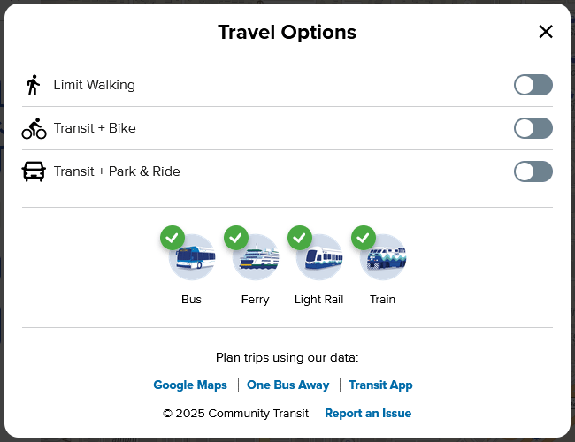 Plan My Trip travel options window