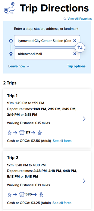 Plan My Trip results List of results displayed in Plan My Trip
