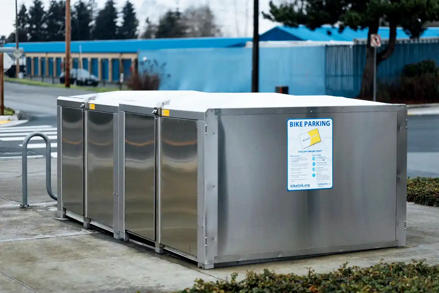 a row of metal bike lockers
