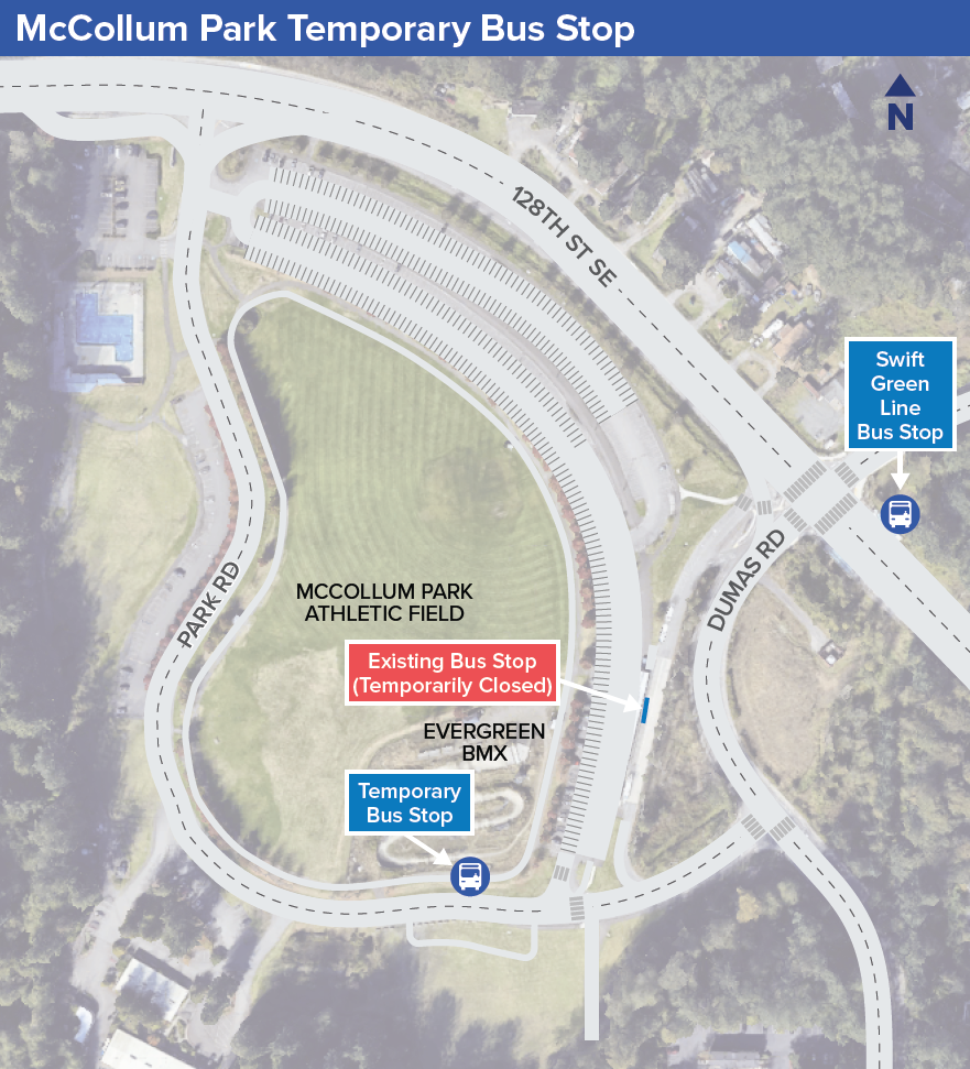 Map of McCollum Park Park & Ride showing temporary parking and stops during construction, which starts July 1 2023.