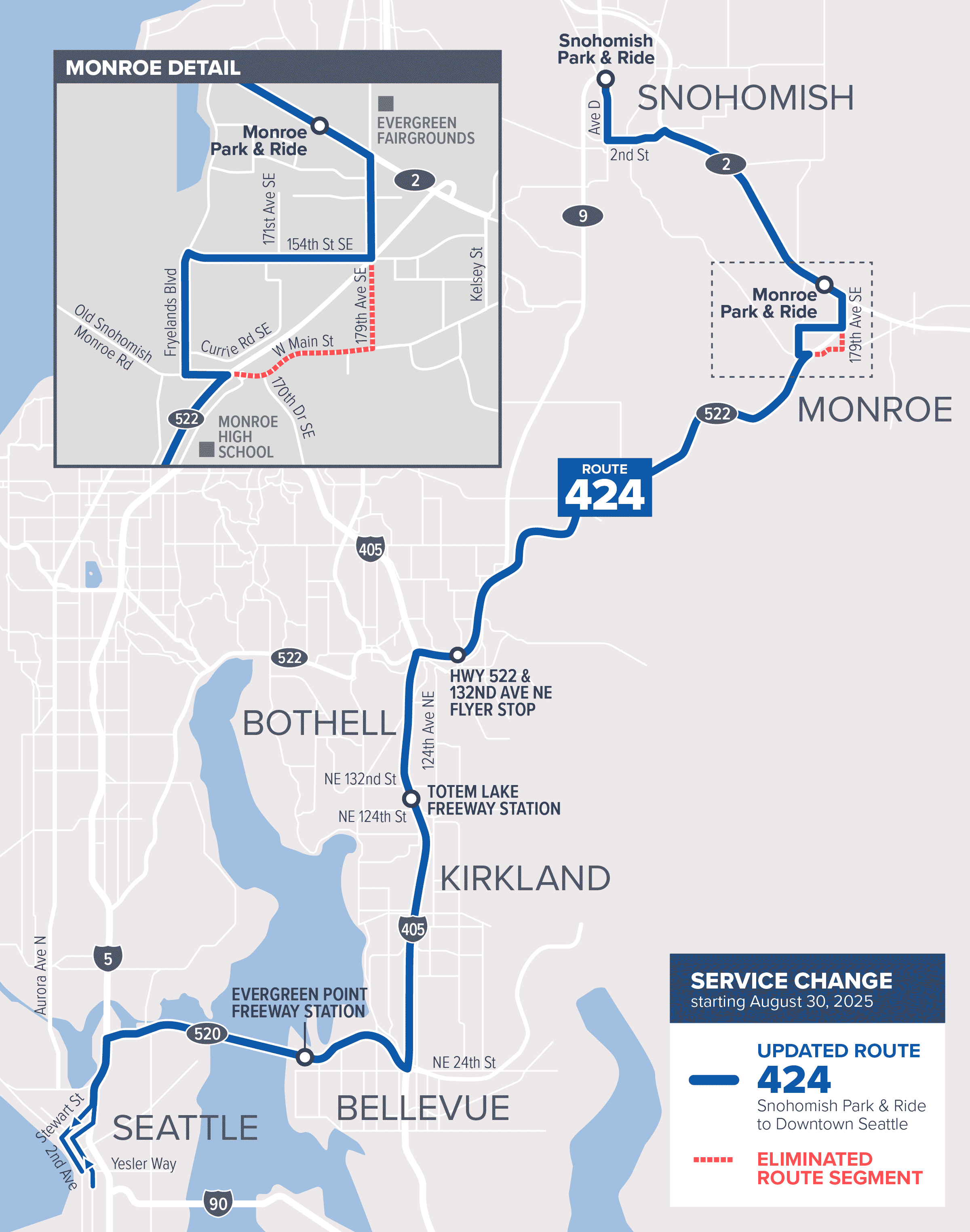 August 30 Route 424 service change map