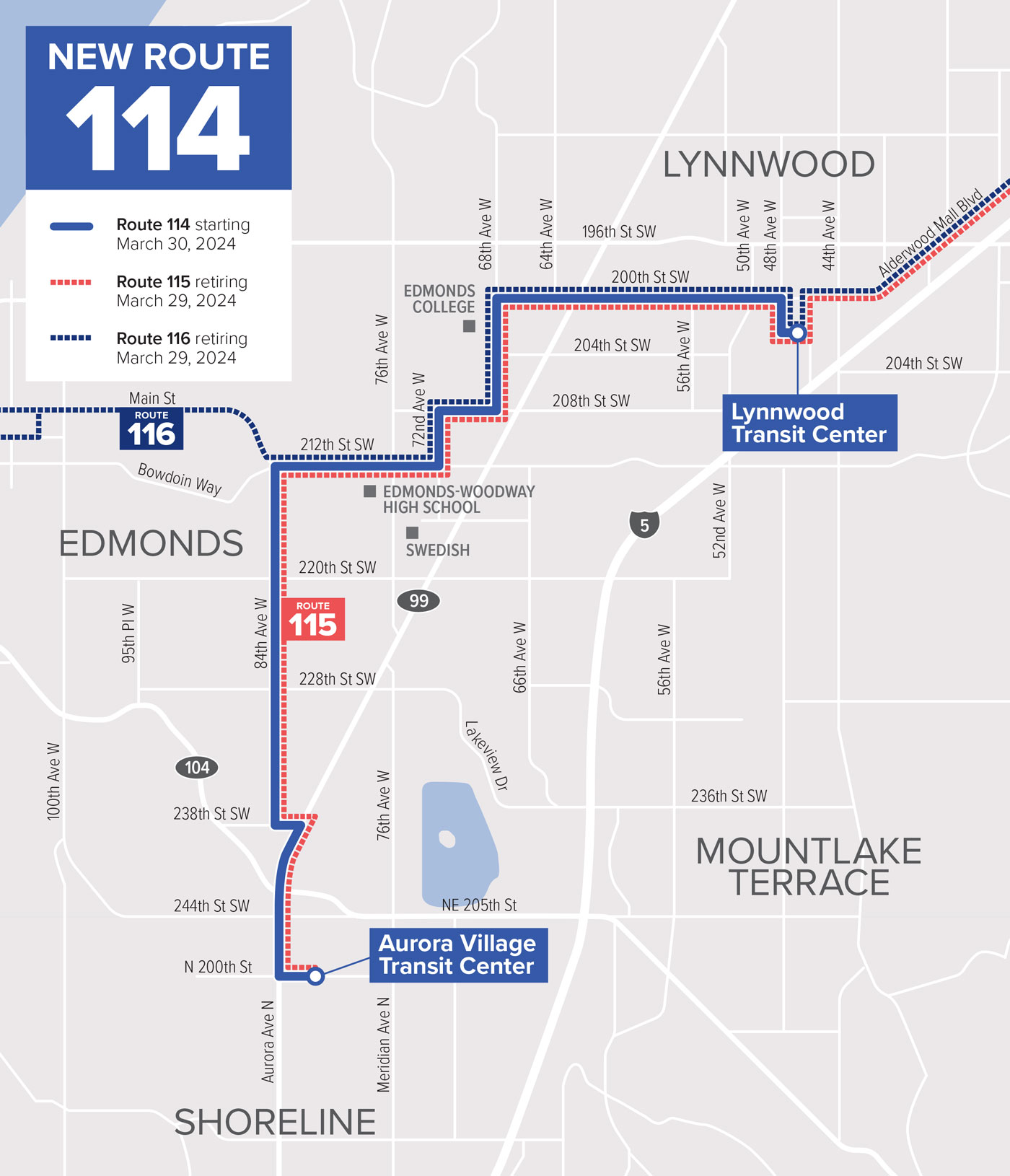 Map of Route 114 connecting Aurora Village Transit Center, Edmonds-Woodway High School, Edmonds College, 200th St, and Lynnwood Transit Center. Highlights connections to Swift Blue and Orange lines, and serves as an alternative for riders of Routes 115, 116, or 120. Displays 30-minute service intervals during weekday peak travel times for efficient transit options.