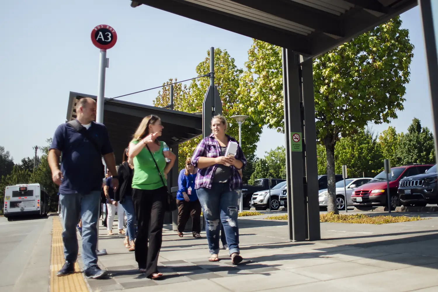 a group of riders at a transit center during a travel training instruction class