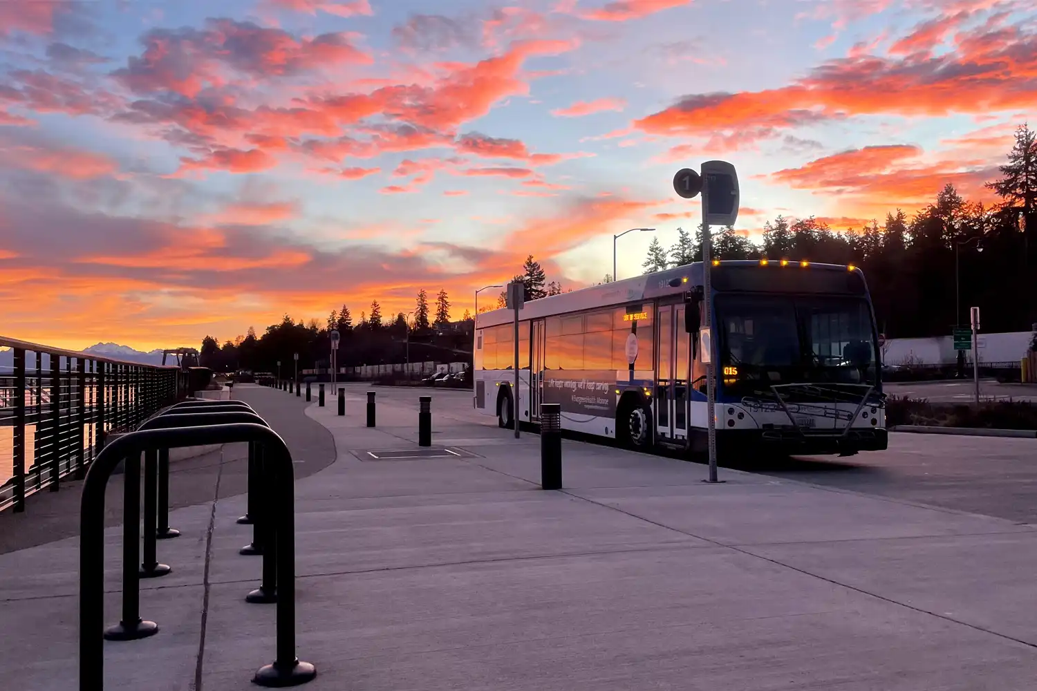 a CT bus waiting at a bus stop at sunrise