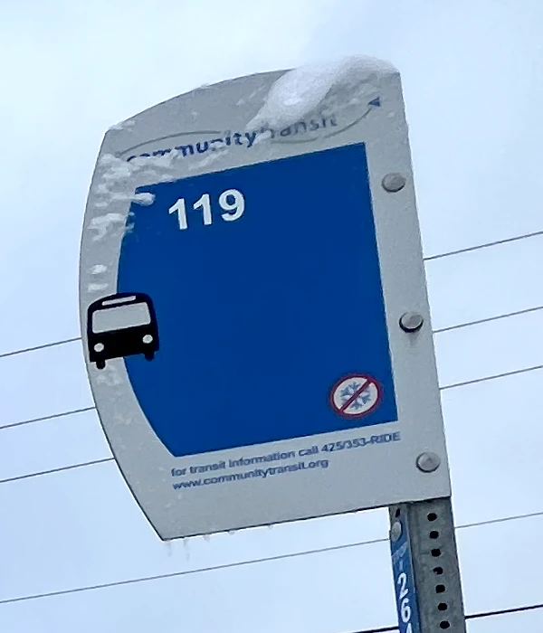 a bus stop flag with a snow sticker on it indicating that the stop is not served when a bus is on a snow route