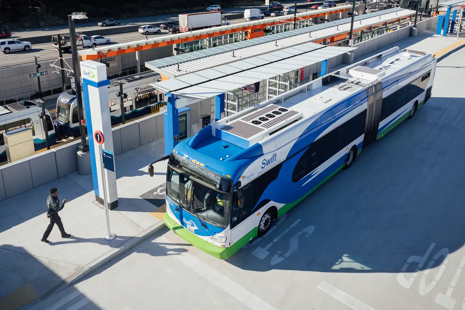 a Swift bus stopped at a transit station