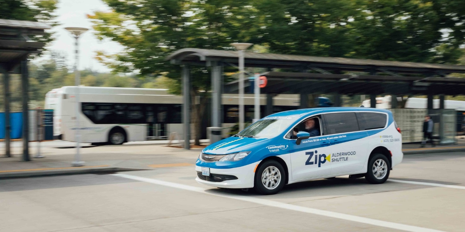 A Zip Shuttle available for pick-up at the Lynnwood Transit Center