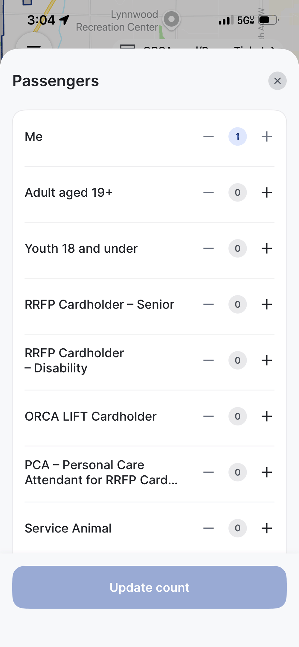 screenshot - customize your trip by adding passengers or requesting amenities