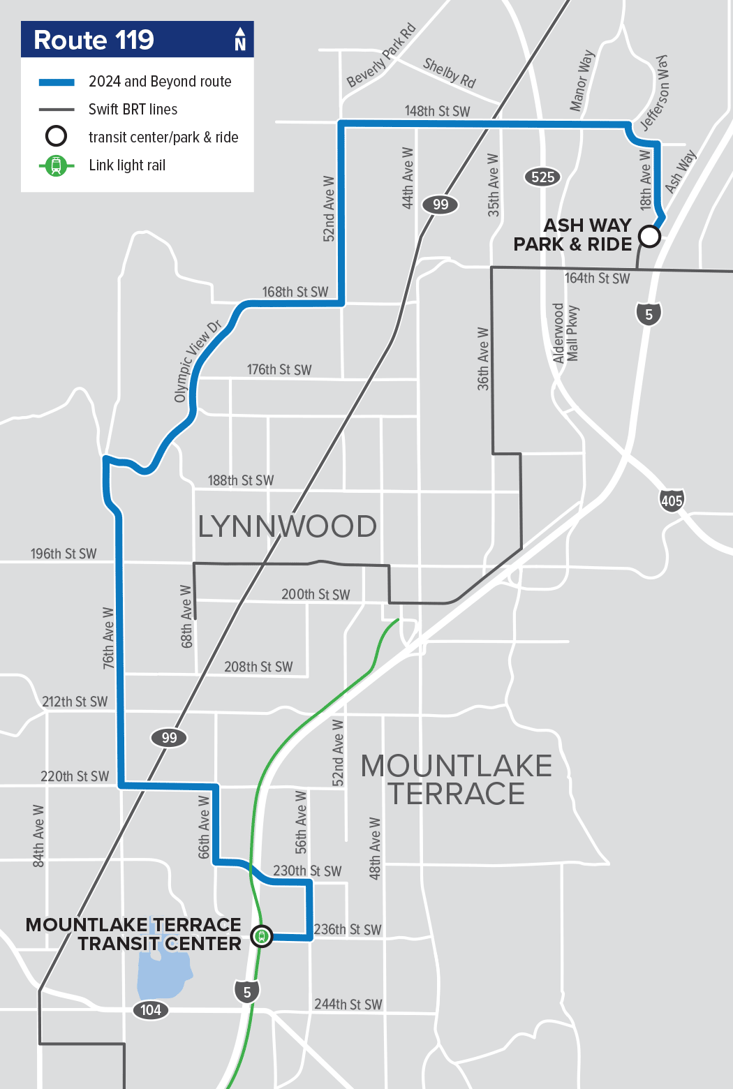 Route 119: Ash Way – Mountlake Terrace (increased frequency)
