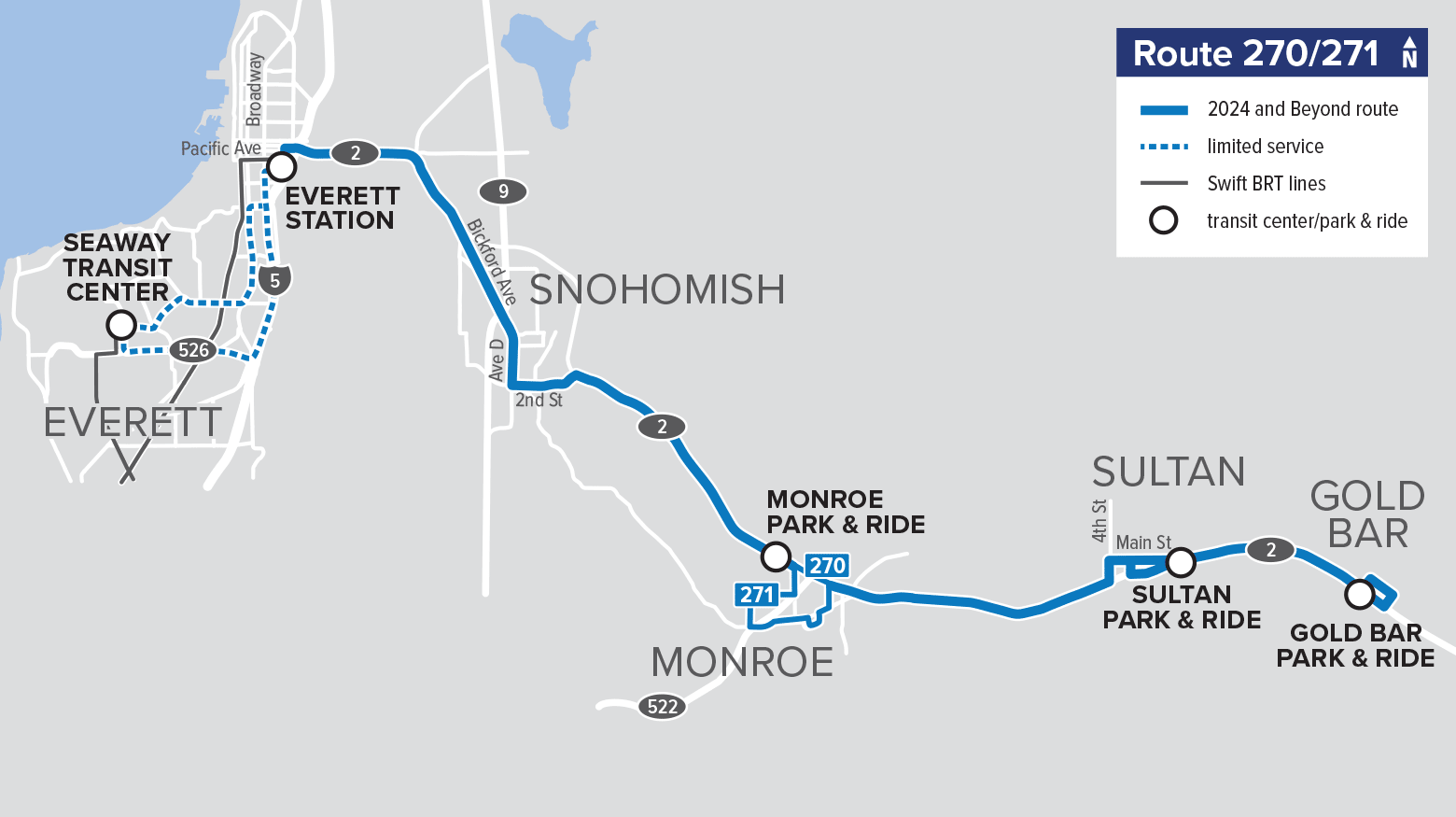 Route 270 and 271: Gold Bar/Monroe – Everett (increased frequency)