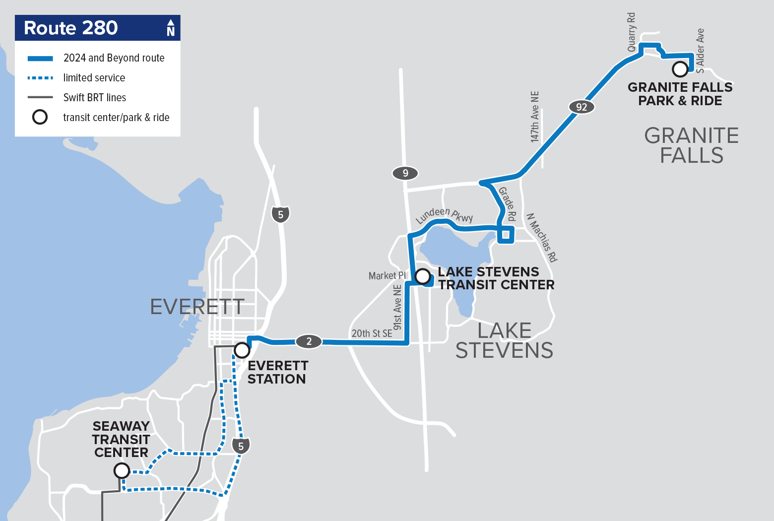 Route 280: Granite Falls/Lake Stevens – Everett (increased frequency)